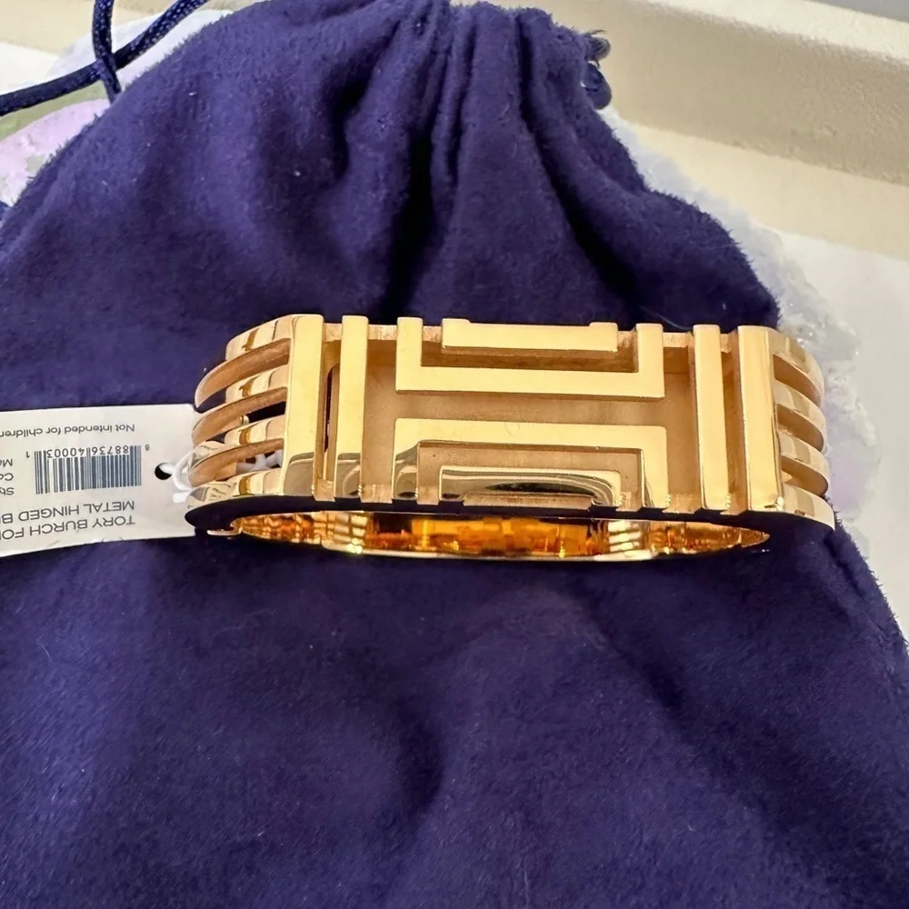 Tory Burch Fitbit Fret Metal Hinged Bracelet heavy gold with box and dust bag - Picture 4 of 5